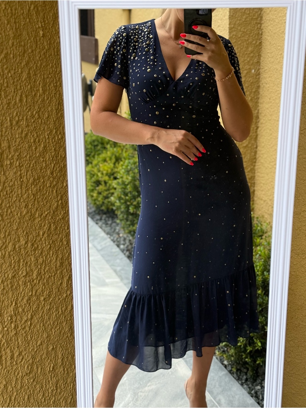 Elegant Navy Blue Midi Dress with Delicate Dot Detail